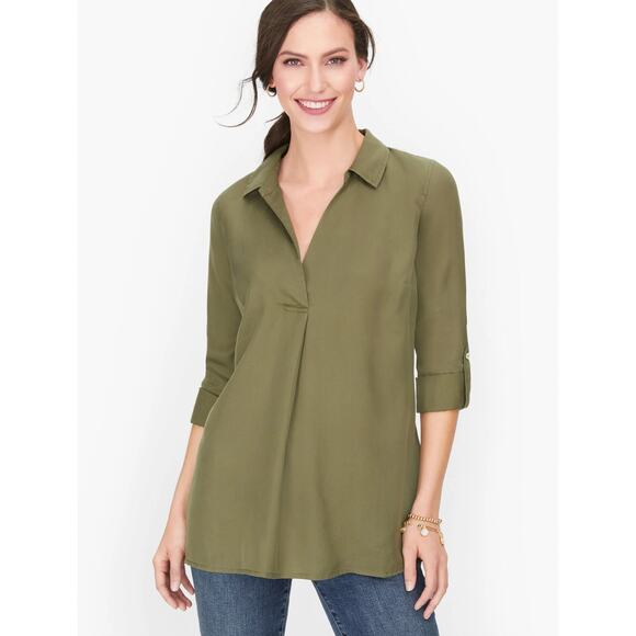 Talbots Button Back Green Collared Pullover Roll Tab Sleeve Tunic Blouse Sz 0X - Picture 1 of 6